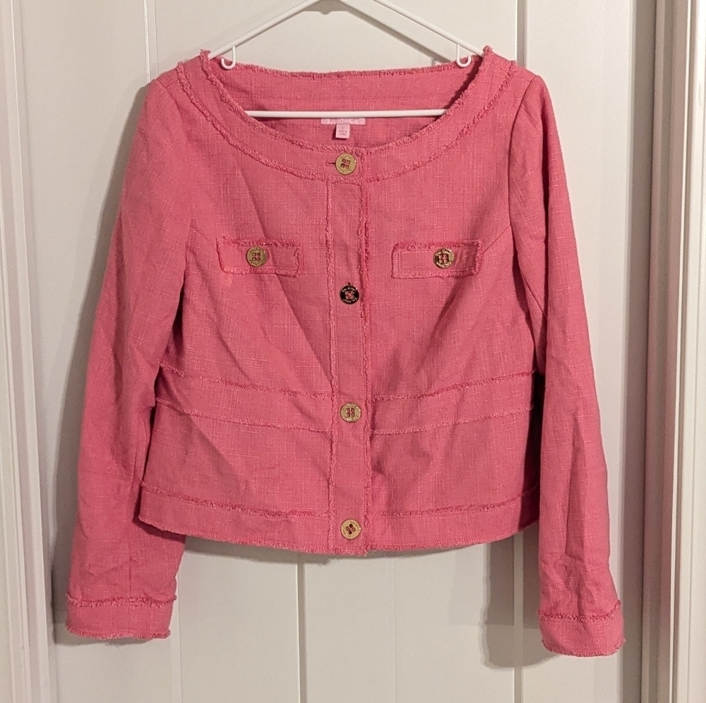 Lilly Pulitzer Millie Tweed Jacket - Bright Pink Gold Logo Buttons sz L